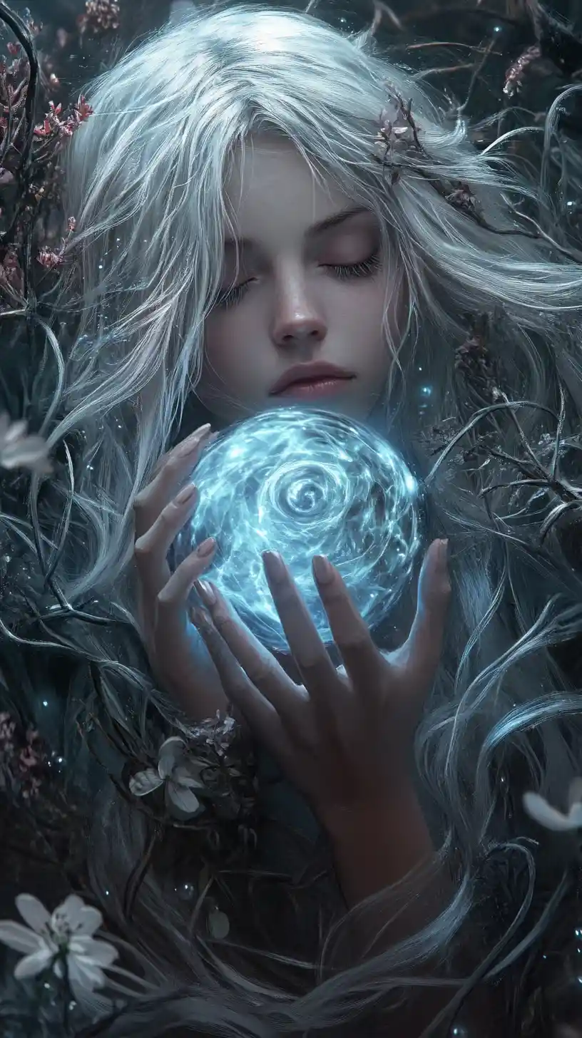 Ethereal elven witch holding a glowing blue energy sphere