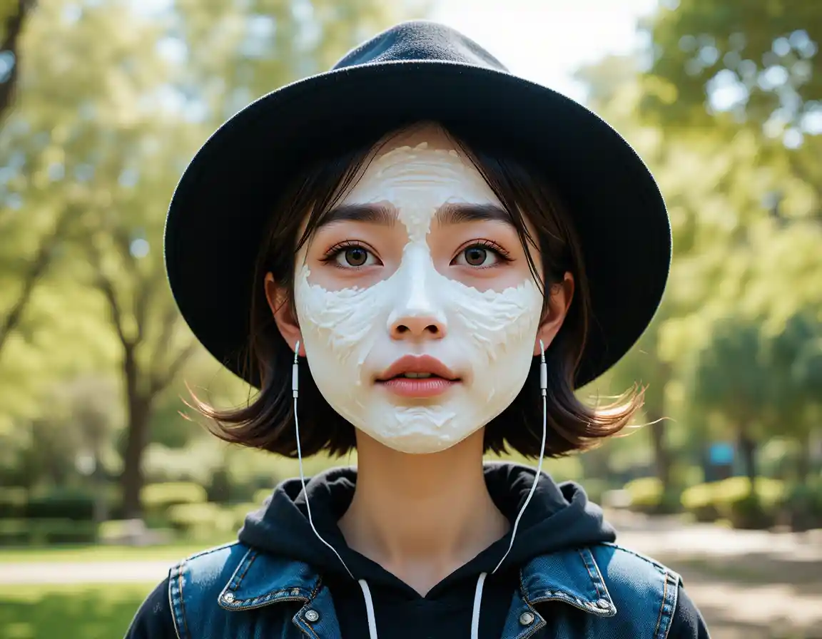 Young asian woman with whipped cream covered face outdoors