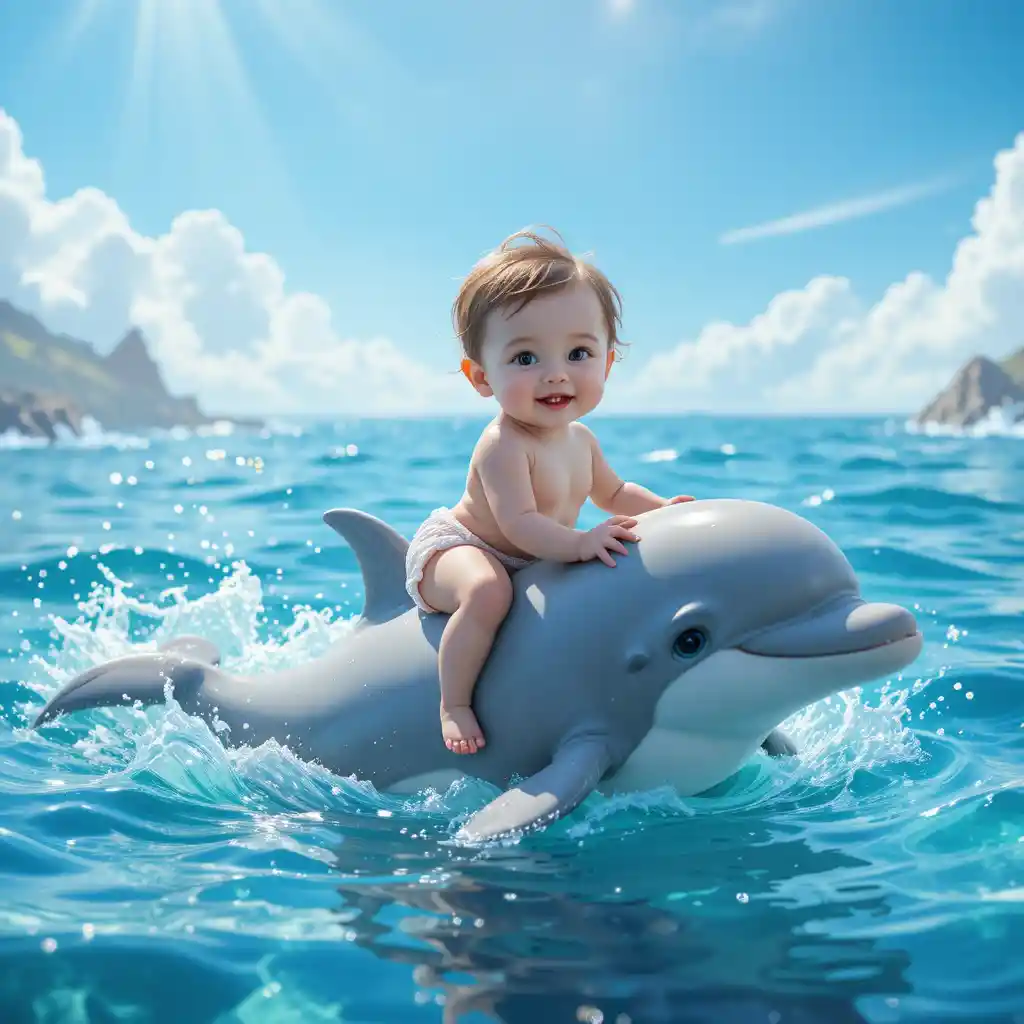 Bambino felice che cavalca un delfino amichevole sulle onde blu dell’oceano
