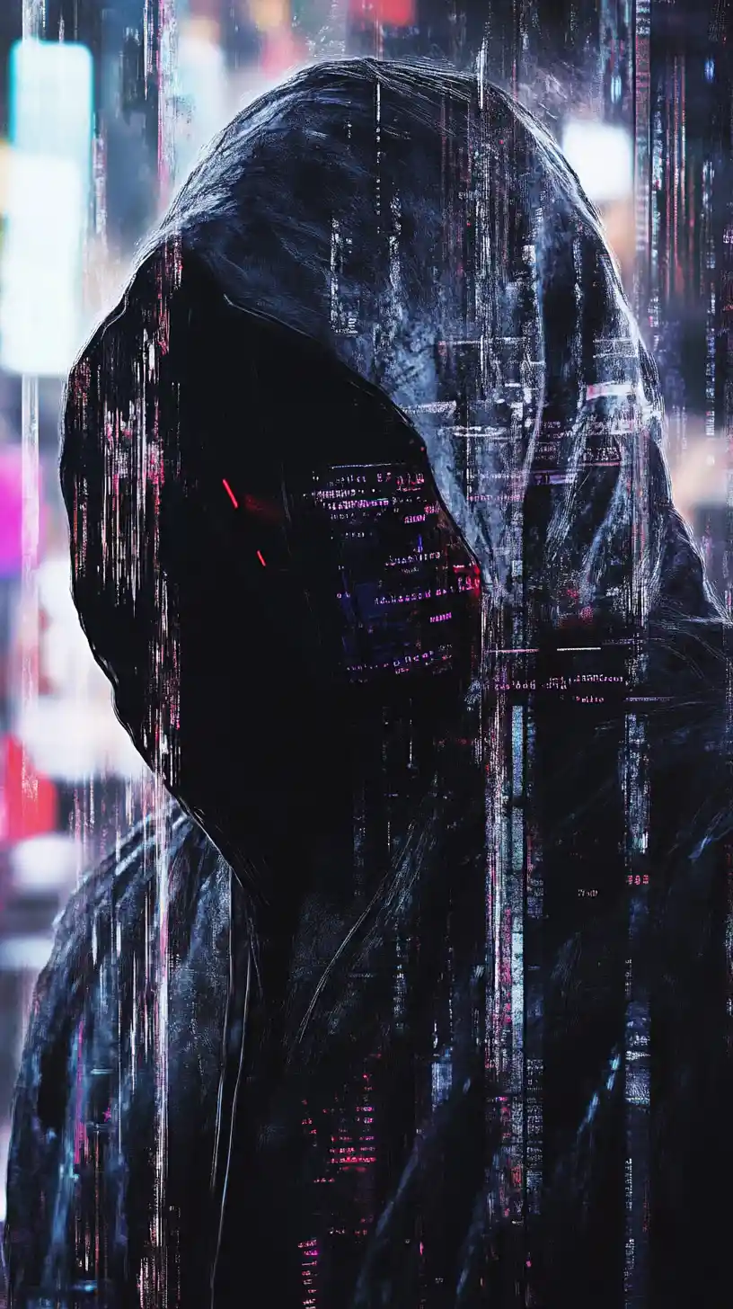 Figura incappucciata tra ombre di codice in glitch con tocchi al neon