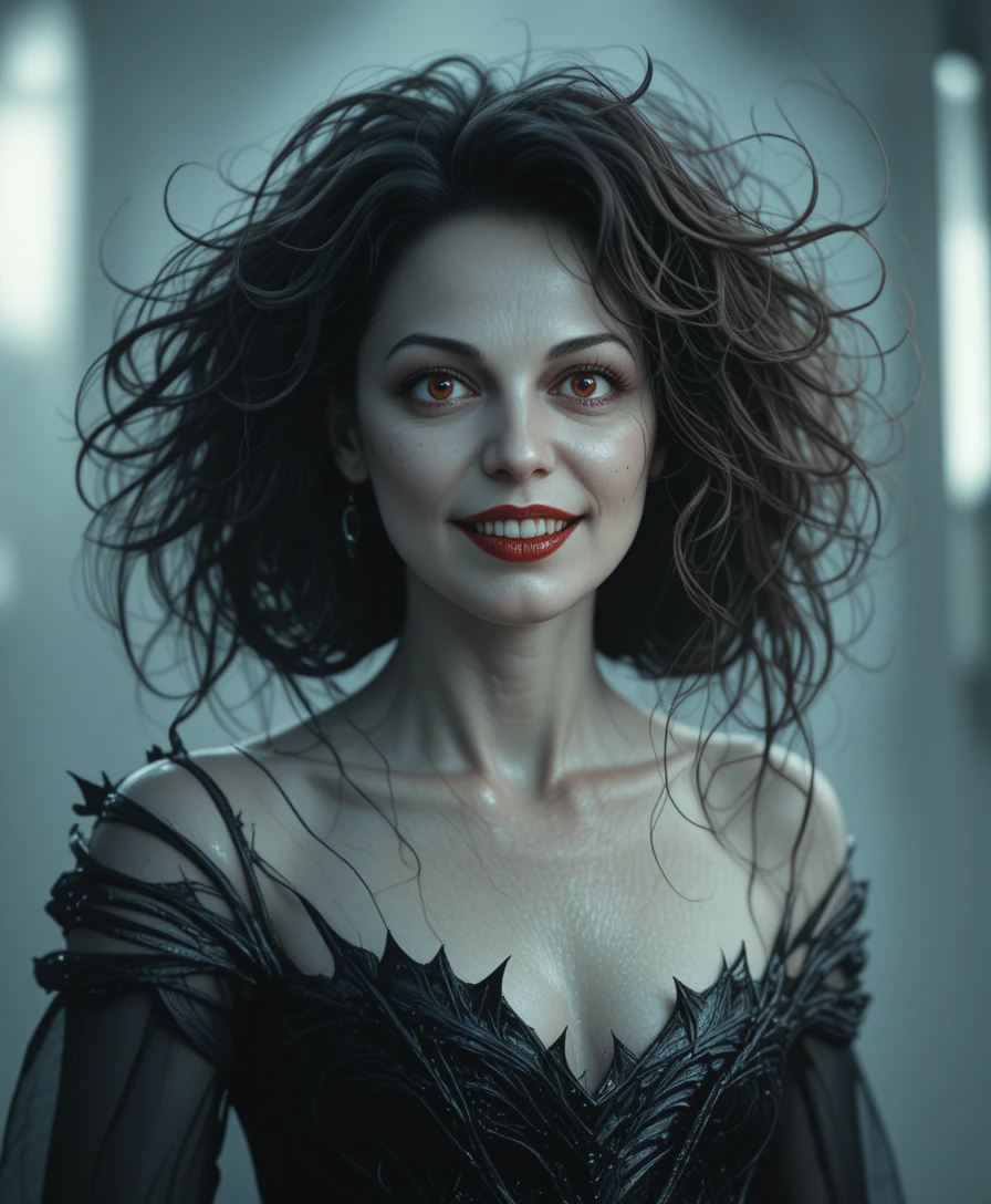 Sinister vampire woman with crimson eyes and fanged smile