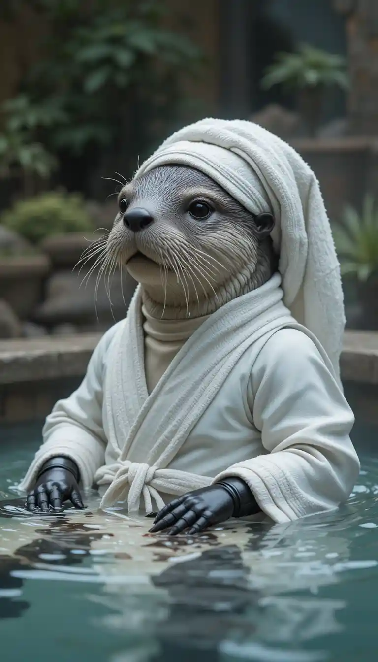 Roboter-Seeotter entspannt in einer heißen Quelle mit Handtuch