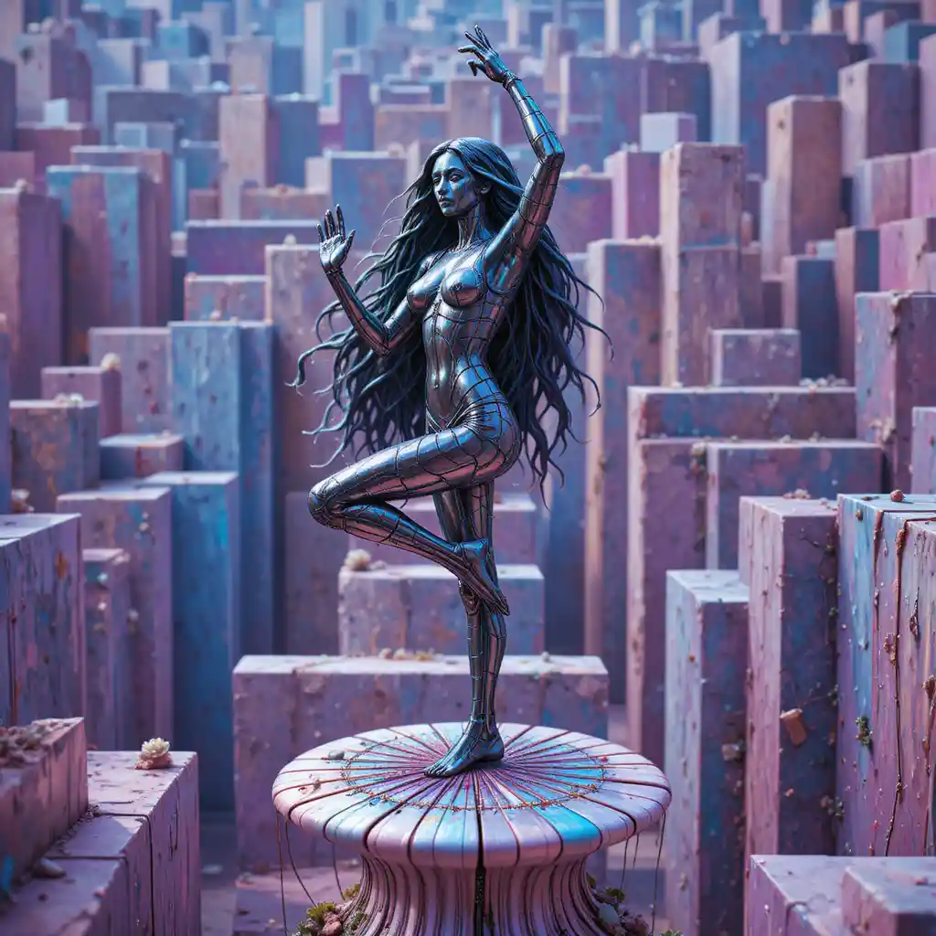 Eiserne Frauenstatue in Yoga-Pose auf riesigem Pilz