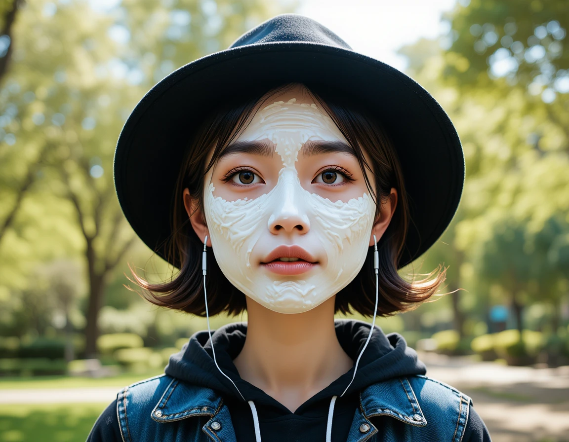 Young asian woman with whipped cream covered face outdoors