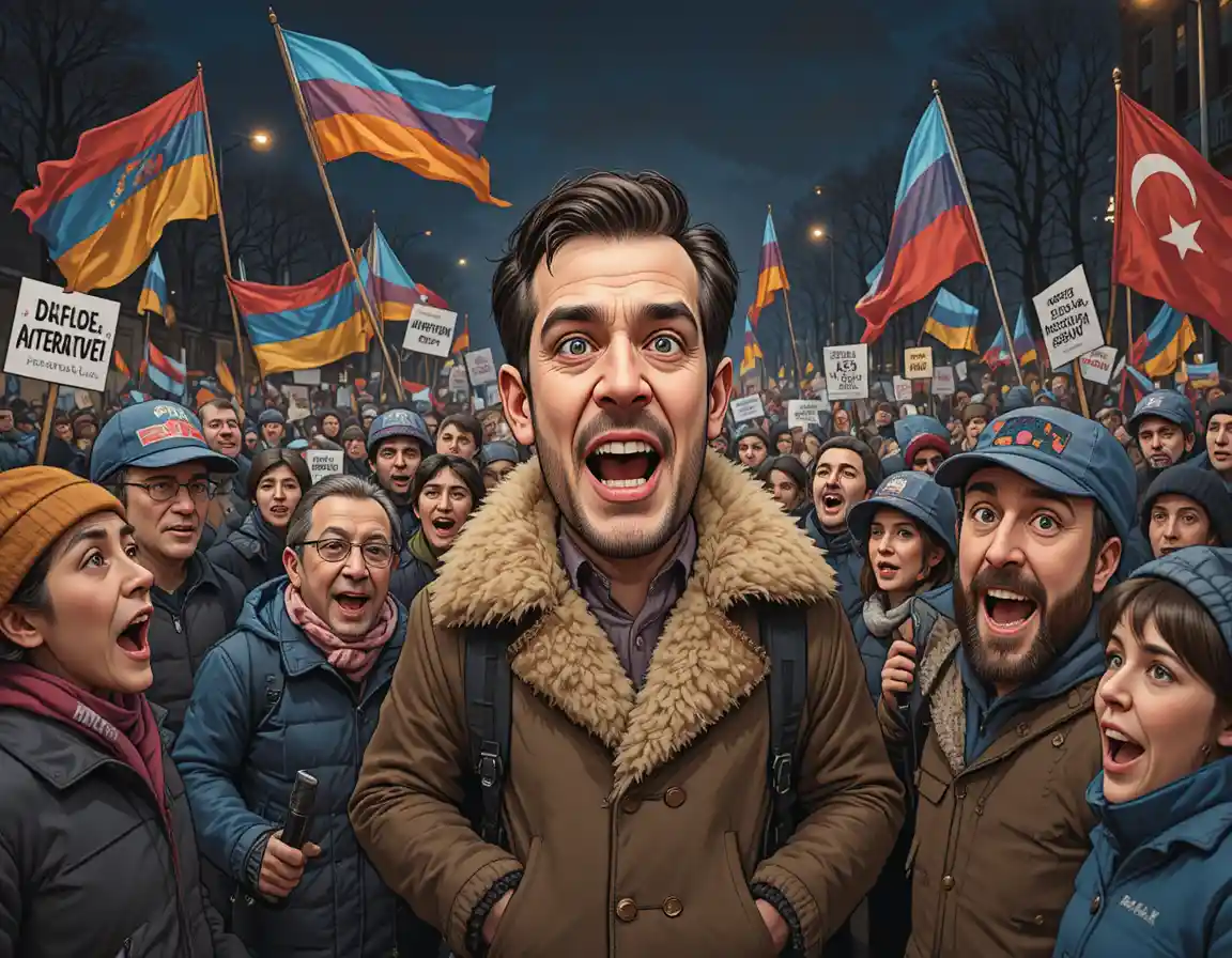 Nachtlicher Stadtprotest mit vielfältiger Menge und wehenden Fahnen