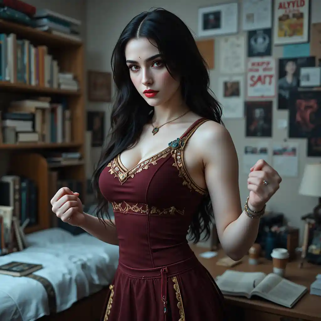 Donna vampiro in uniforme da cheerleader bordeaux nella stanza del dormitorio