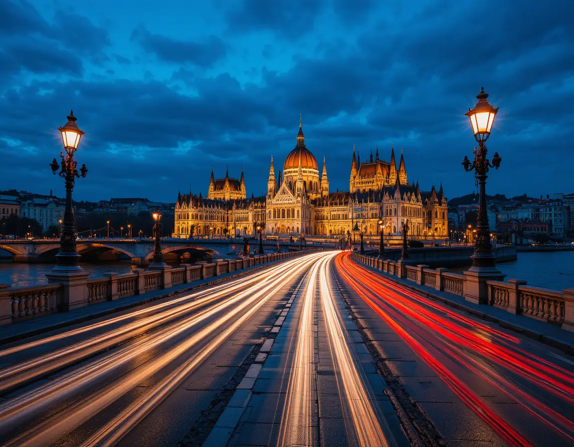Il Ponte delle Catene a Budapest che brilla al crepuscolo sopra la città