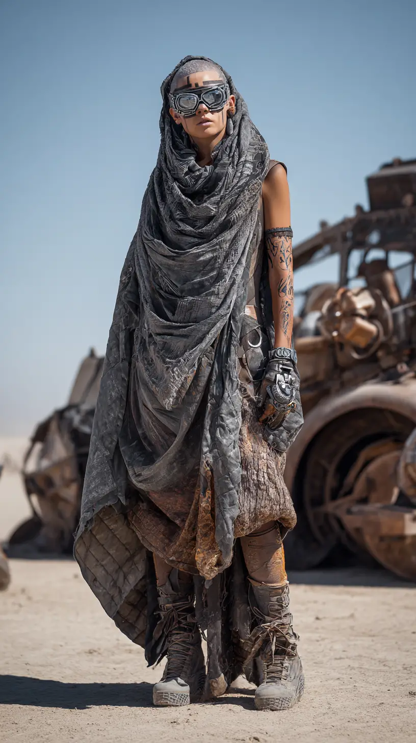 Bald sci fi woman in mask standing in desert camp