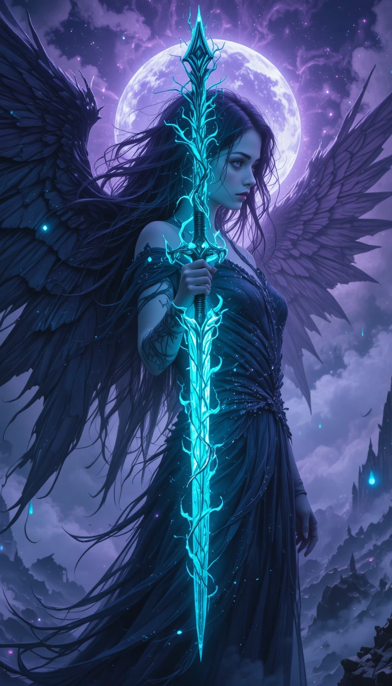 Seraphic warrior with obsidian wings in twilight mirrors