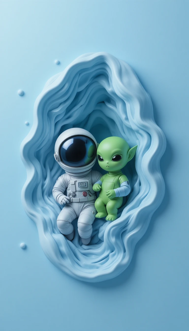 Cartoon astronaut and alien pressed into soft blue silicone