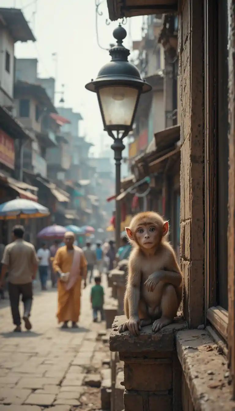 Bébés singes sur un rebord de fenêtre au-dessus d’une rue animée en Inde