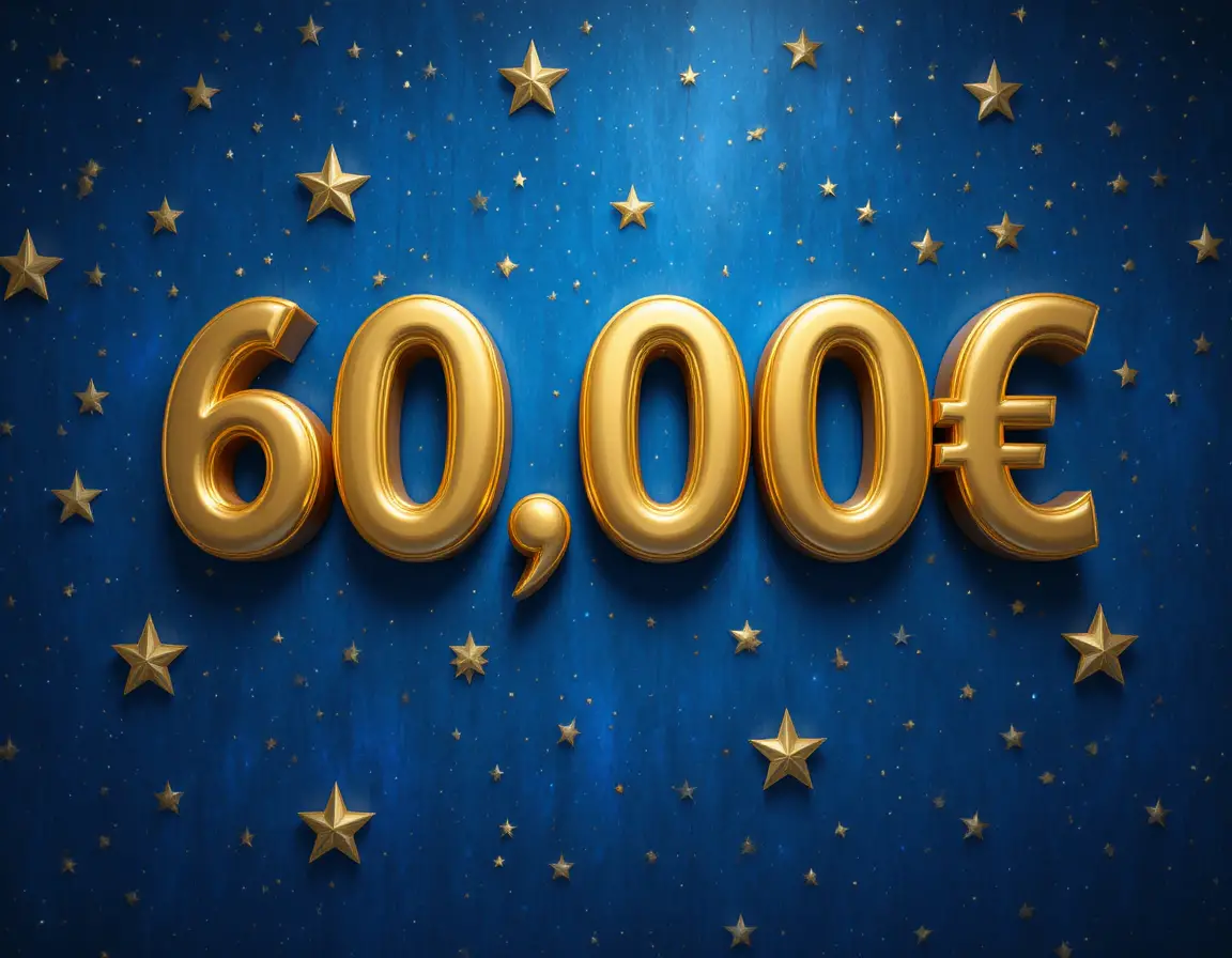 Goldener 3D-Text 60000 Euro auf tiefblauem Sternenhintergrund