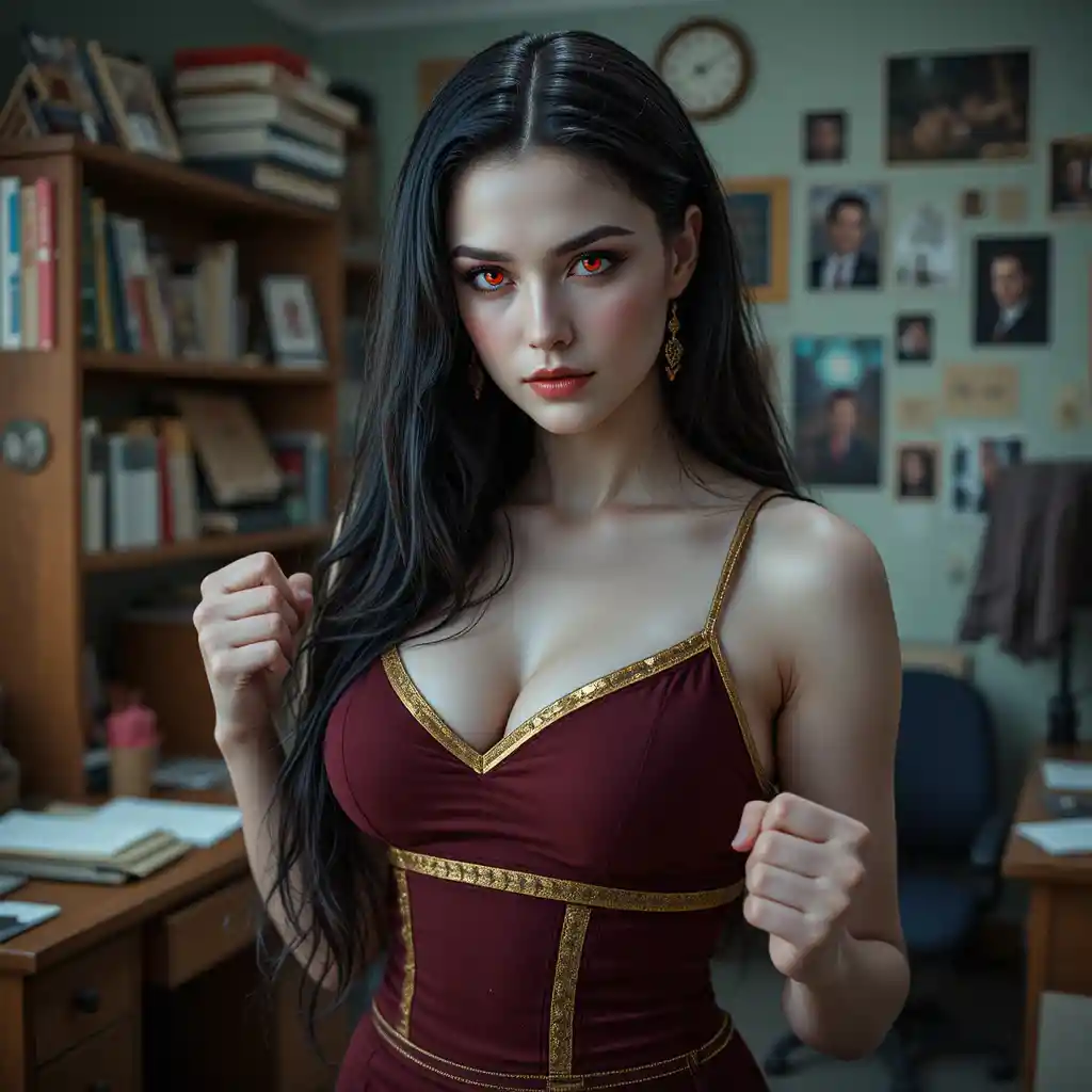 Cheerleader vampira in piedi in una stanza di dormitorio universitario