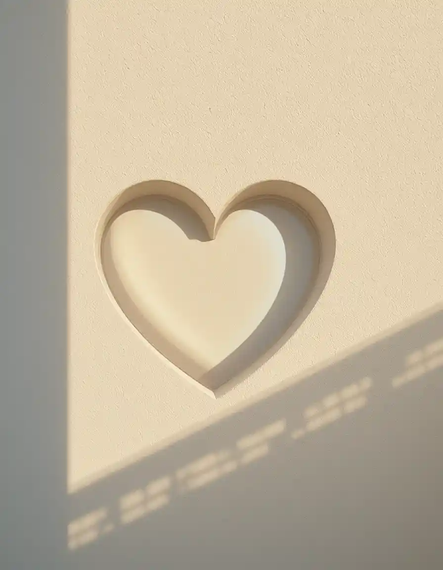 Heart shaped shadow on textured white plaster wall