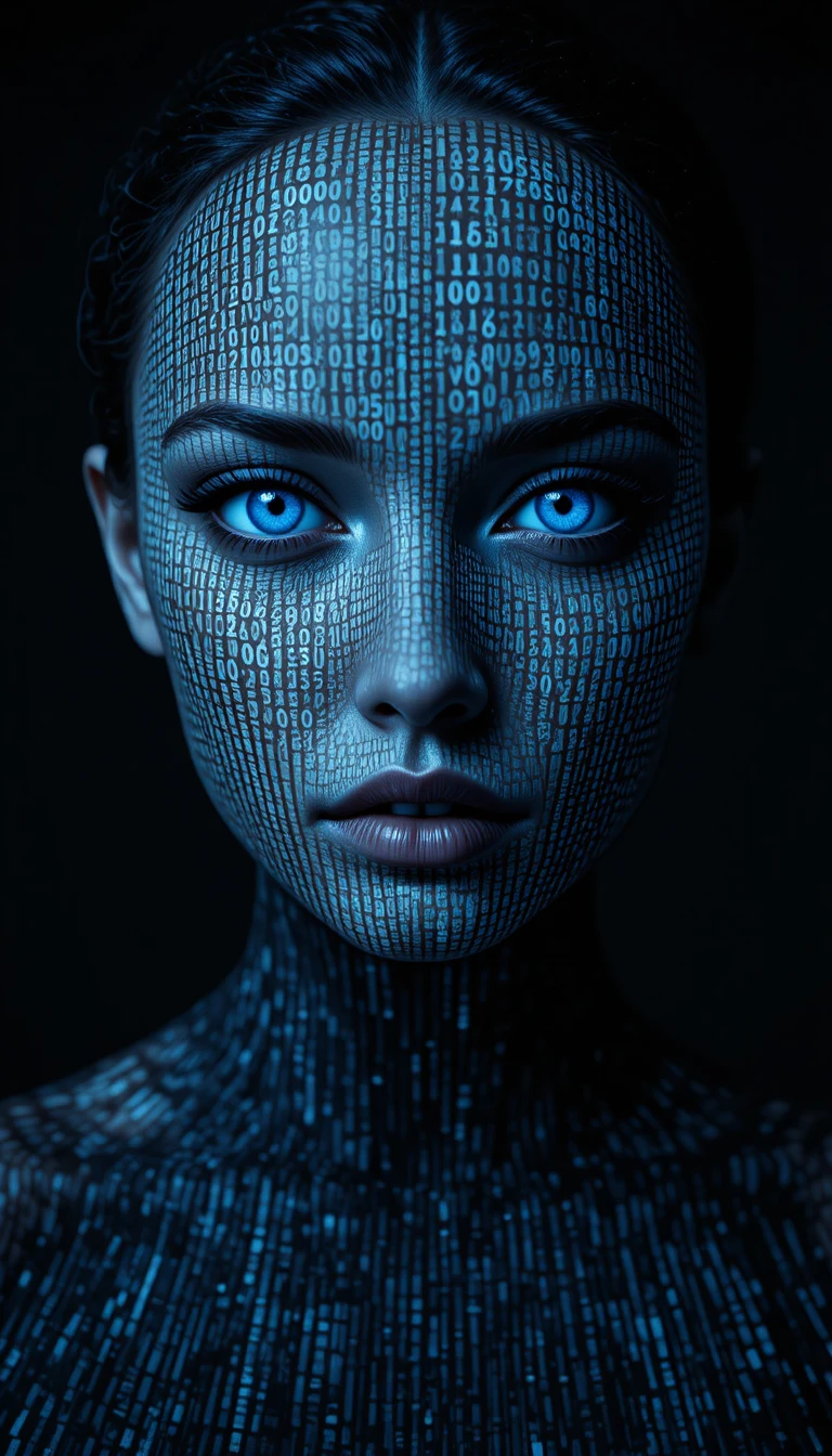 Portrait de femme fait de code dans un sombre vide numérique