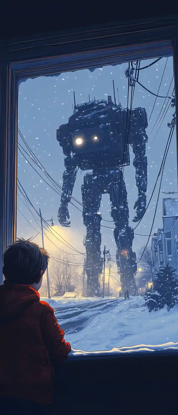 Lonely boy at frosted window watching giant street robots
