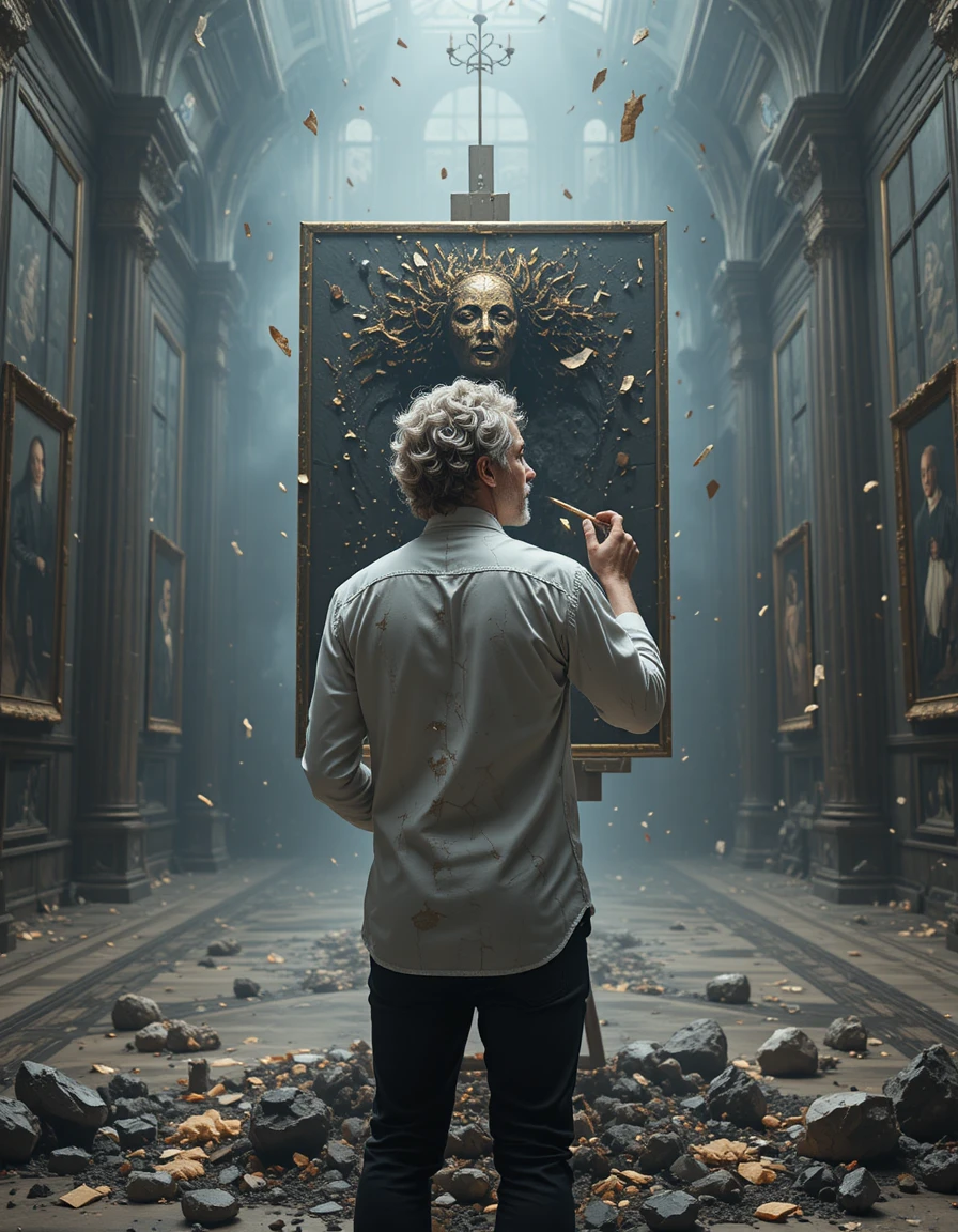 Middle aged man painting in a grand mystical hall