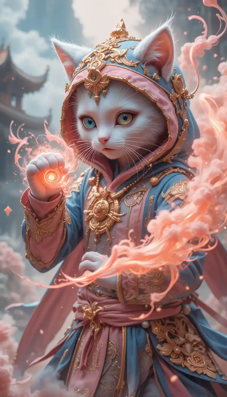 White kitten warrior casting pink flame in a fairy palace