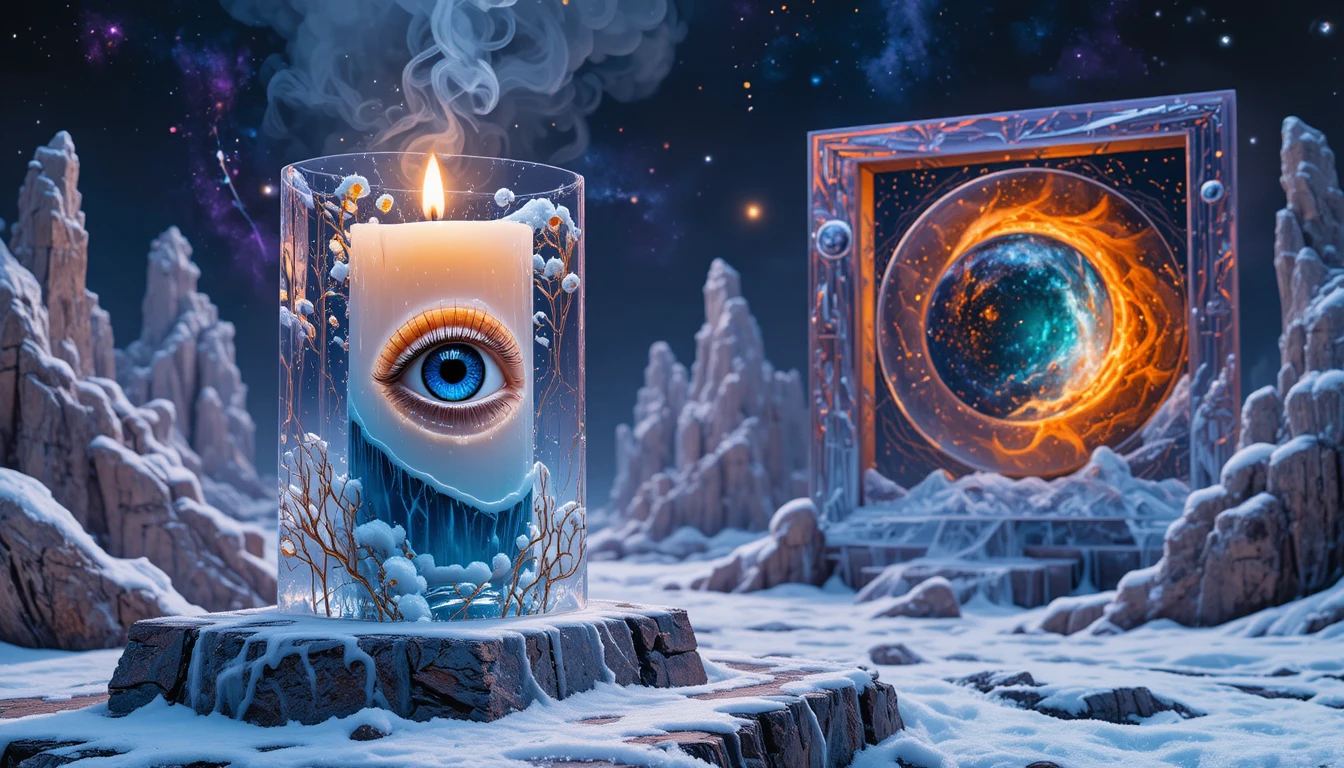 Bougie surréaliste lumineuse abritant un minuscule monde cosmique hivernal