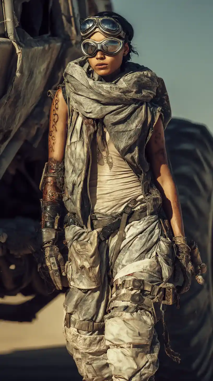 Alien woman with open mask in a post apocalyptic desert