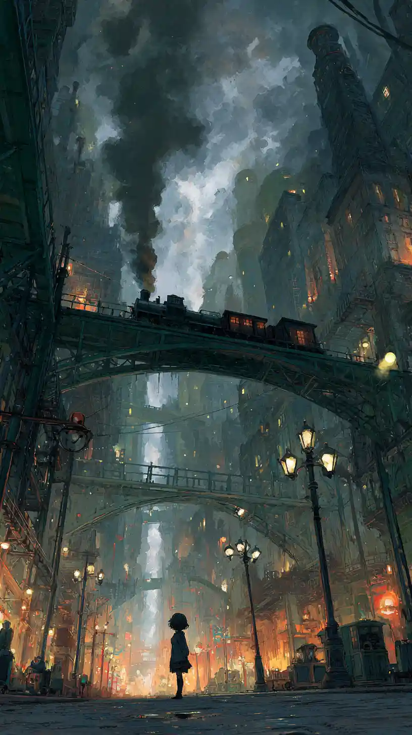 Lonely girl on a steampunk city street at night
