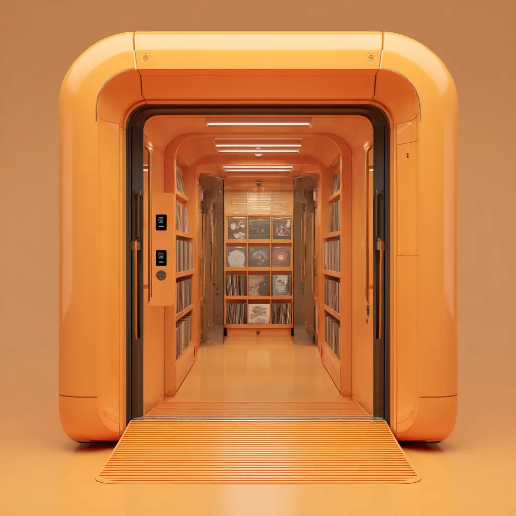 Front view of futuristic elevator with tiny record shop