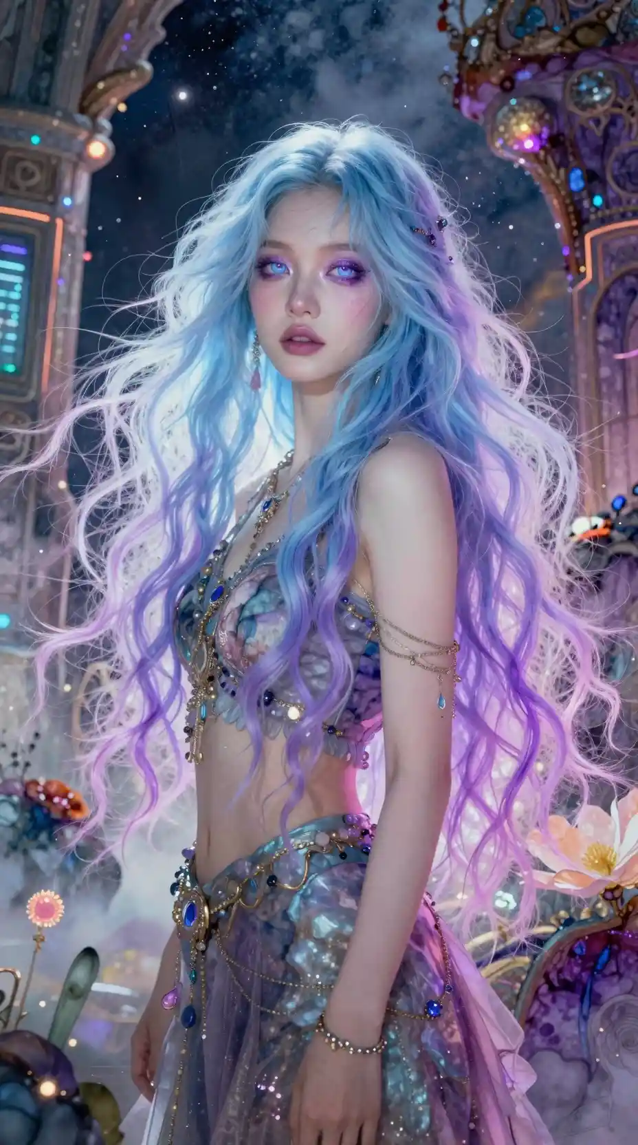 Mujer boho gótica con cabello multicolor luminoso en ciudad neón