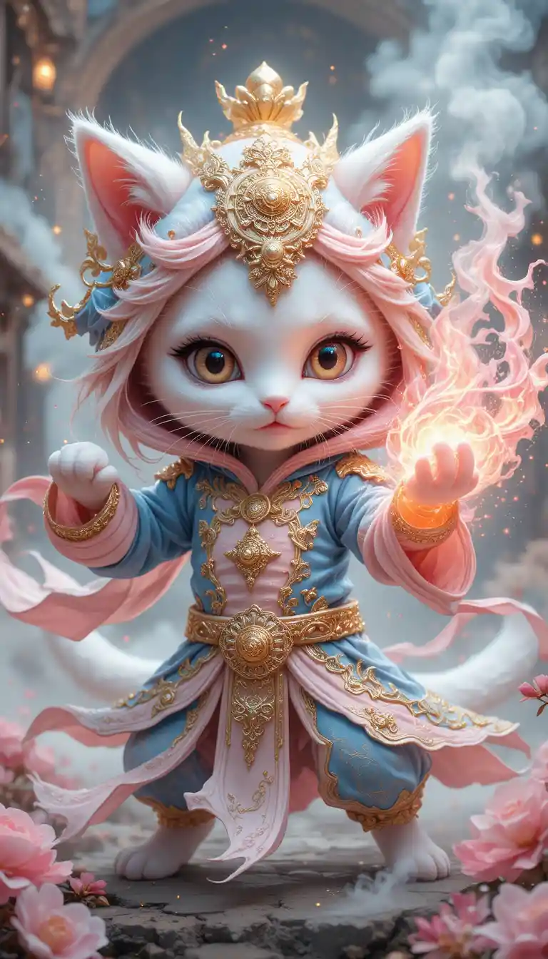 White kitten warrior in a glowing spirit realm