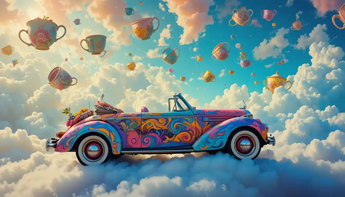 Surreal convertible car resting on colorful clouds with teacup sky