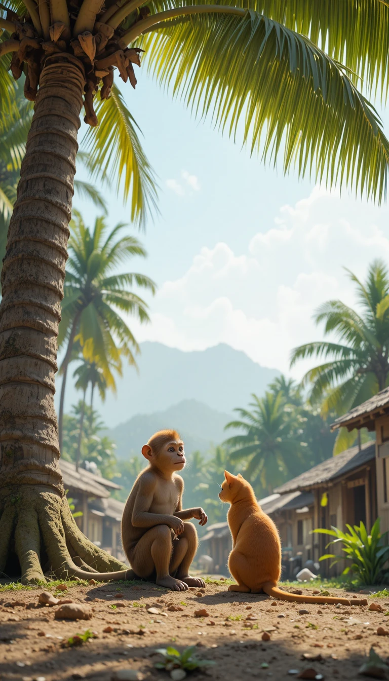 Singe et chat orange discutant sous un cocotier