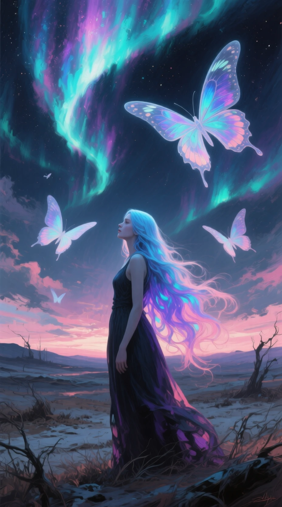 極光天空下與幽靈蝴蝶相伴的女子