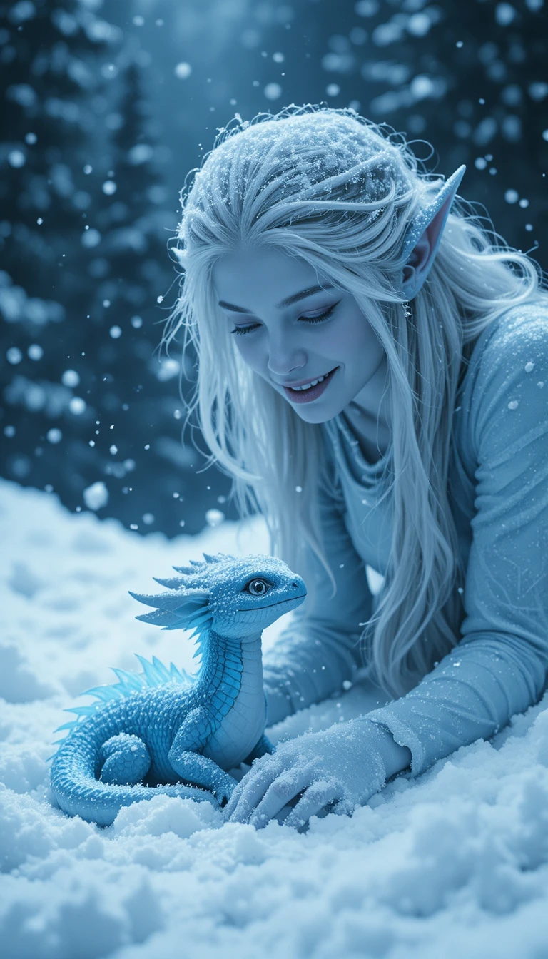雪の中で出会うエルフと赤ちゃん氷竜