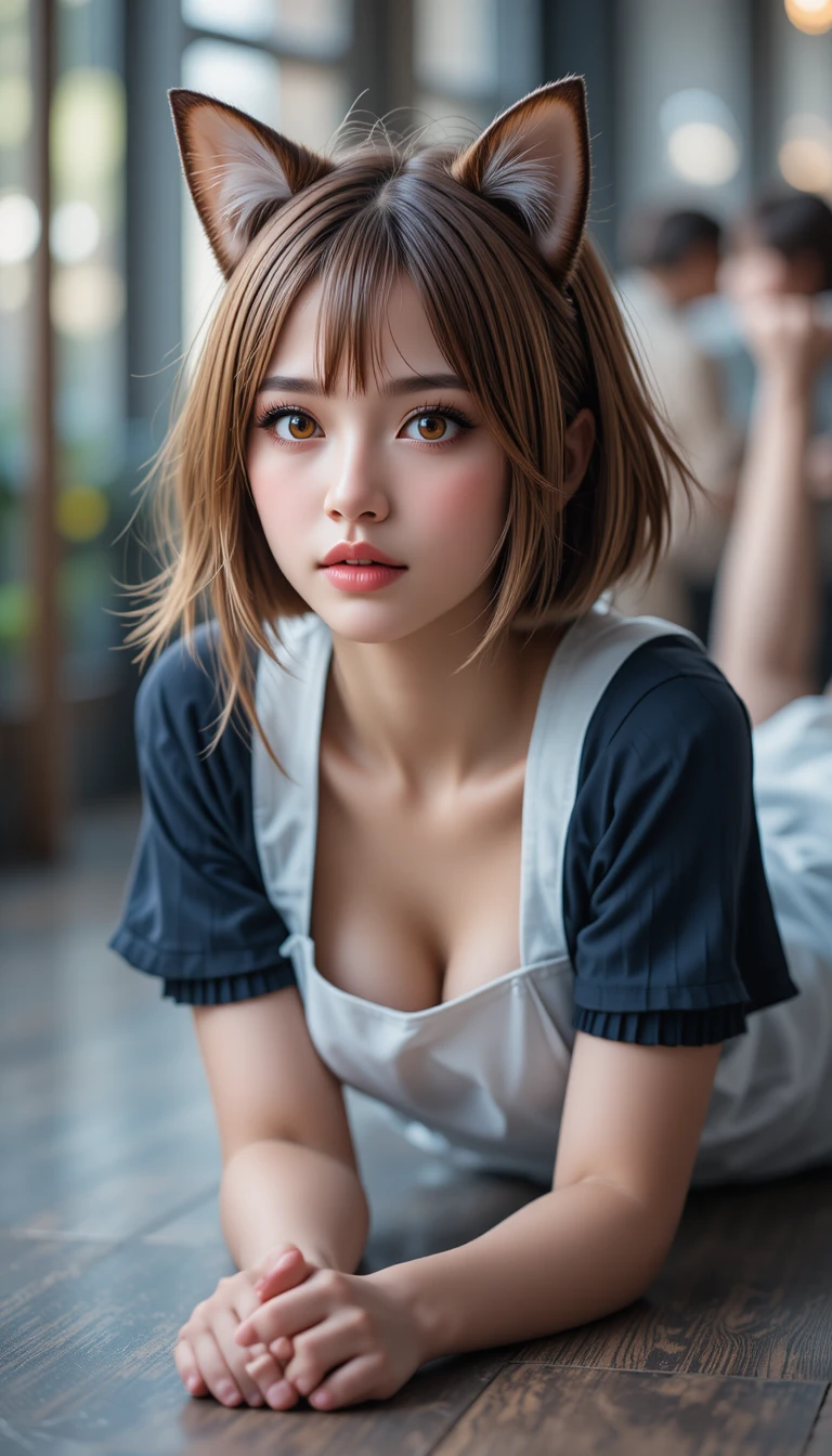 Cosplay girl with cat ears lying on her stomach