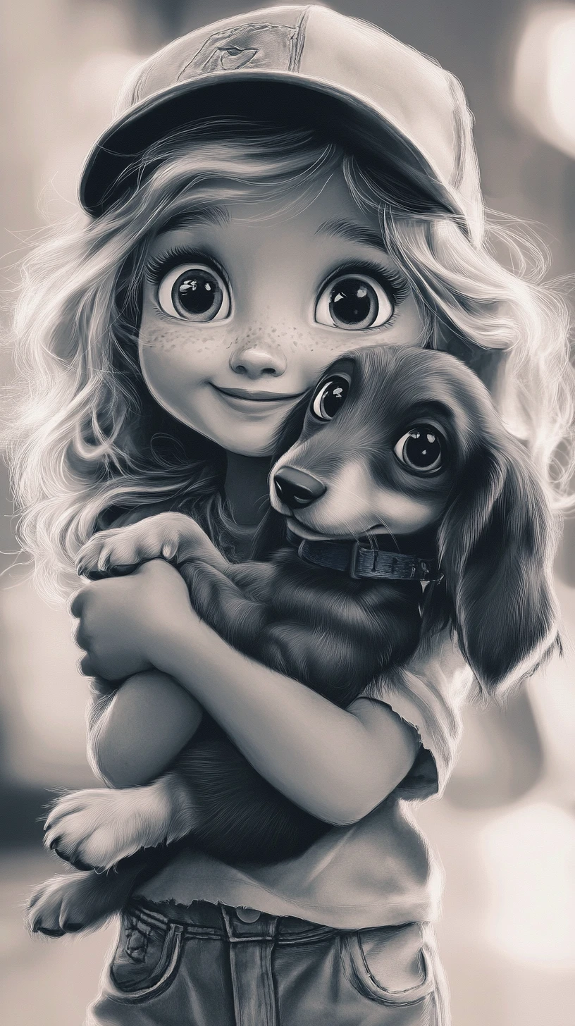 Niña pequeña abrazando a un cachorro de dachshund en un retrato suave a tinta