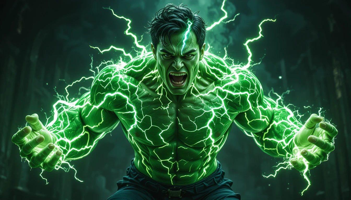 Young wizard violently transforming into a hulking green beast