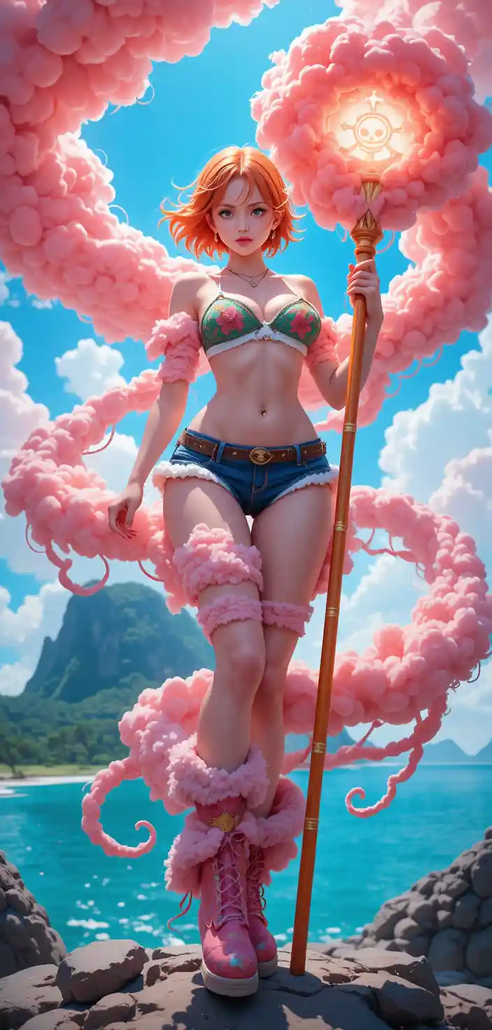 Anime warrior woman bound in swirling magical clouds