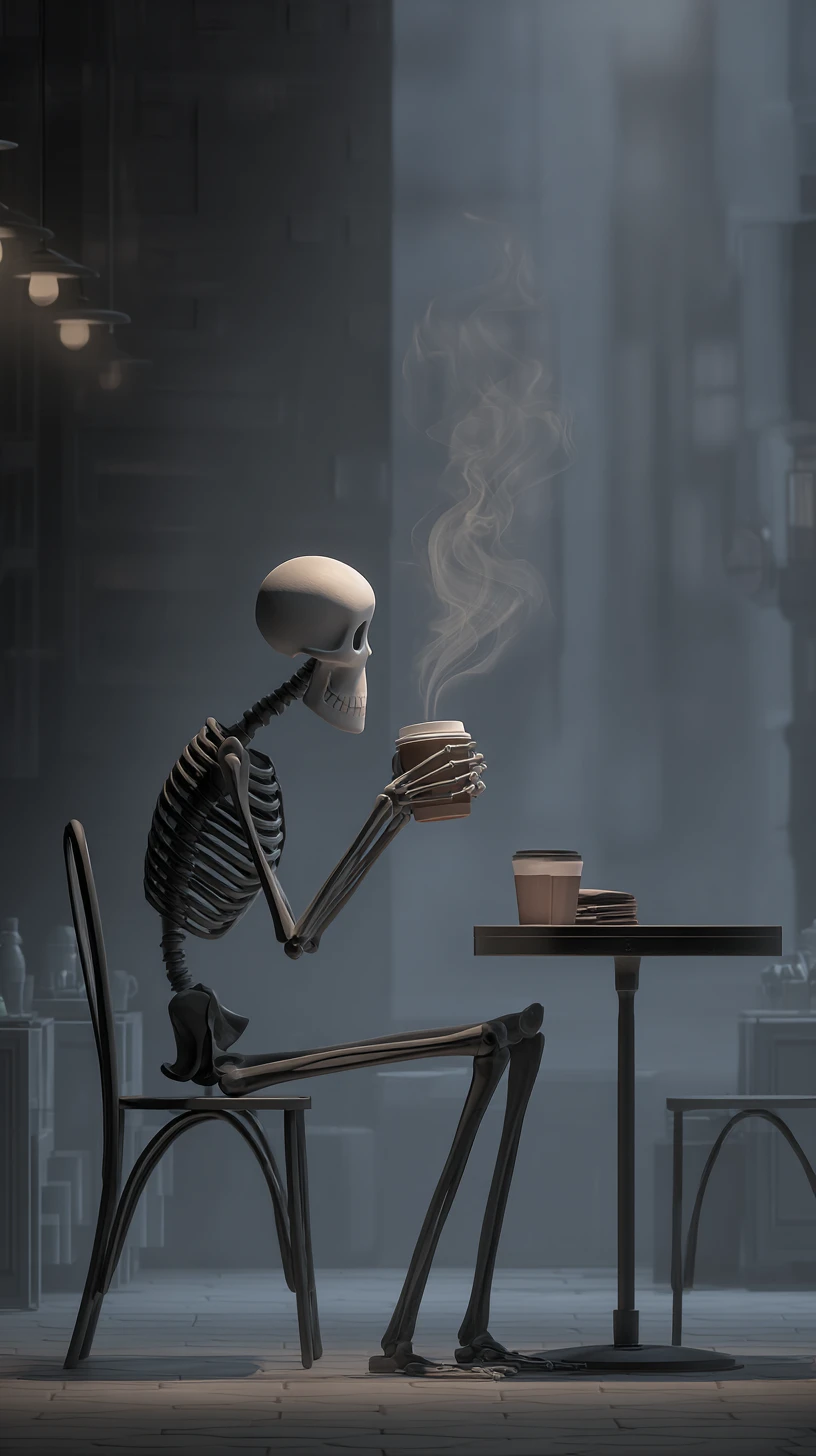 Skeleton Drinking Coffee Alone At A Minimalist Cafe Table