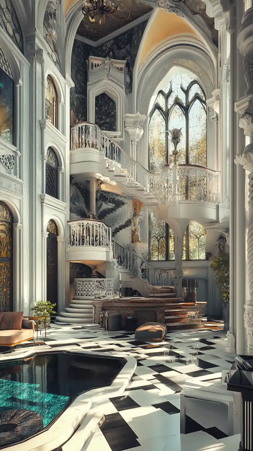 Surreal mansion interior with impossible staircases and fun house decor
