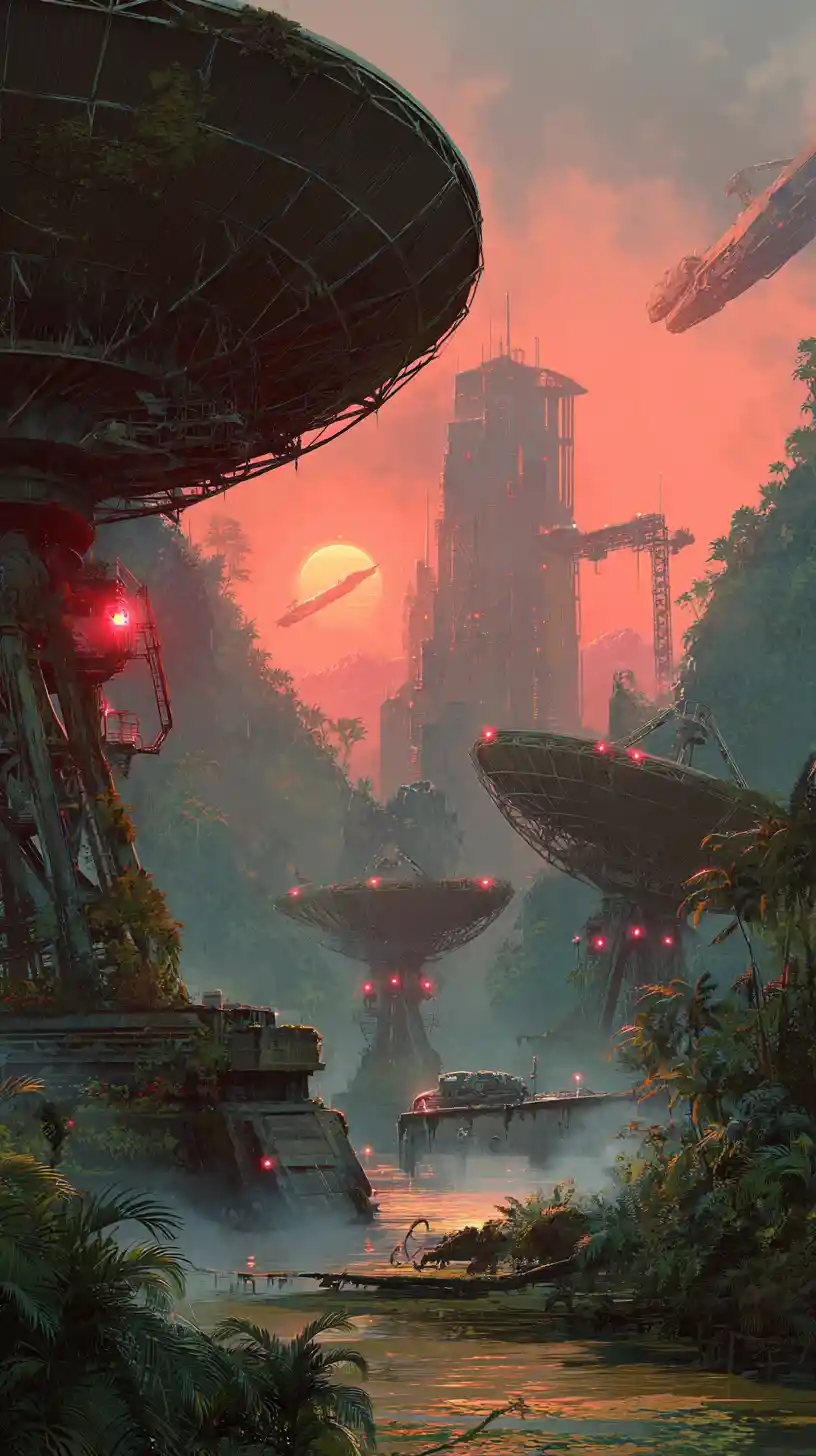 Astronave futuristica sopra parabole satellitari decadute al tramonto