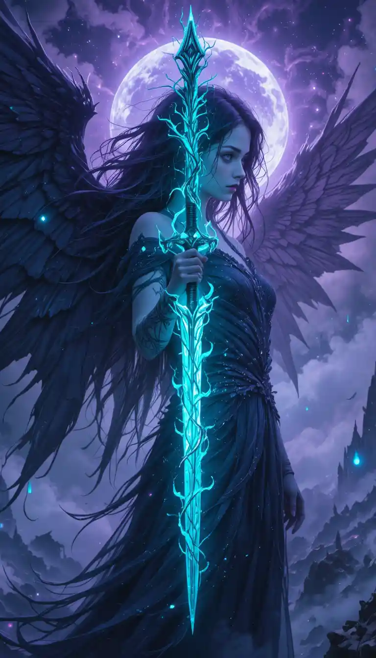 Seraphic warrior with obsidian wings in twilight mirrors