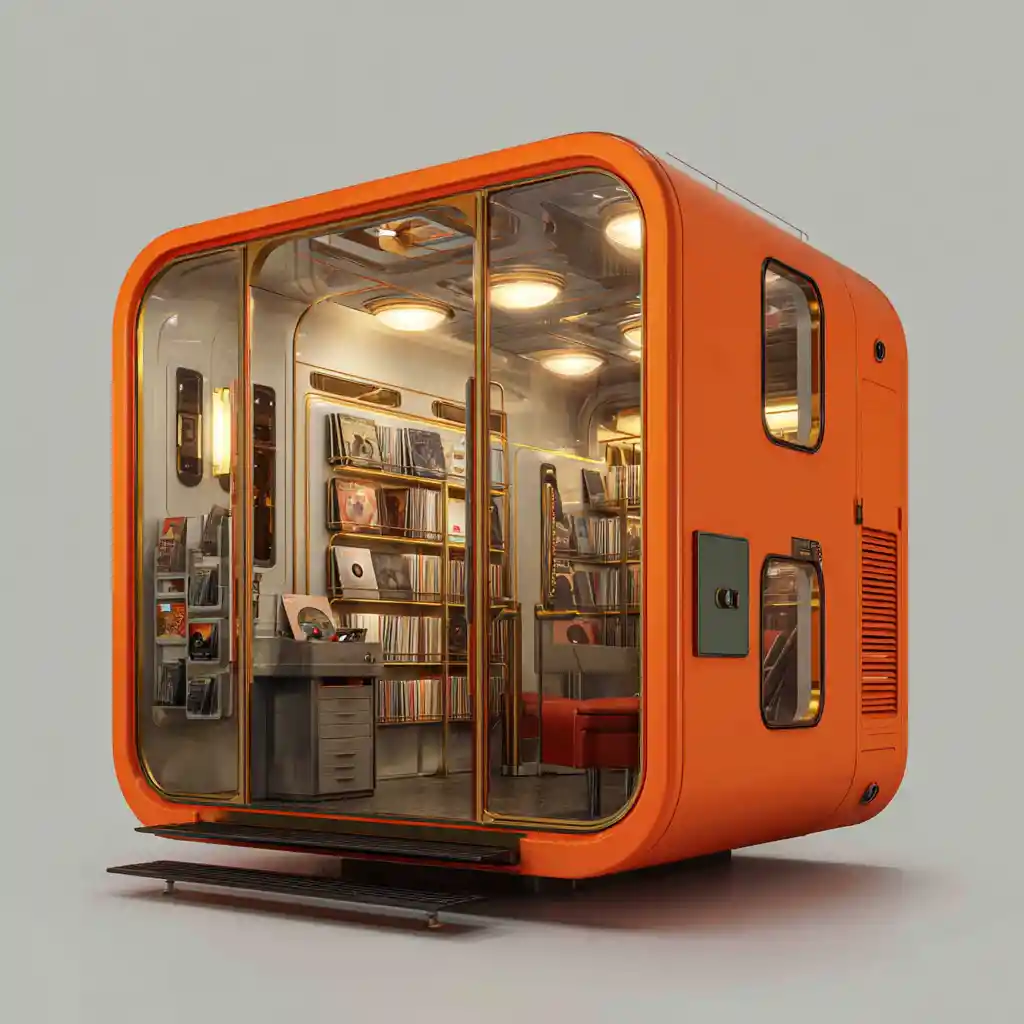 Cabine de elevador futurista com uma pequena loja de discos dentro