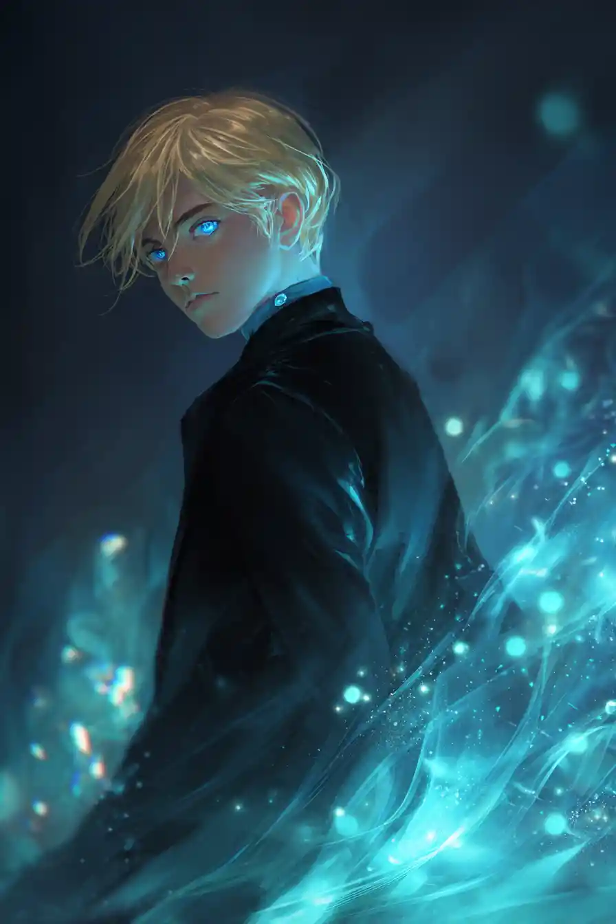 Misterioso giovane biondo in stile anime con occhi blu elettrico luminosi