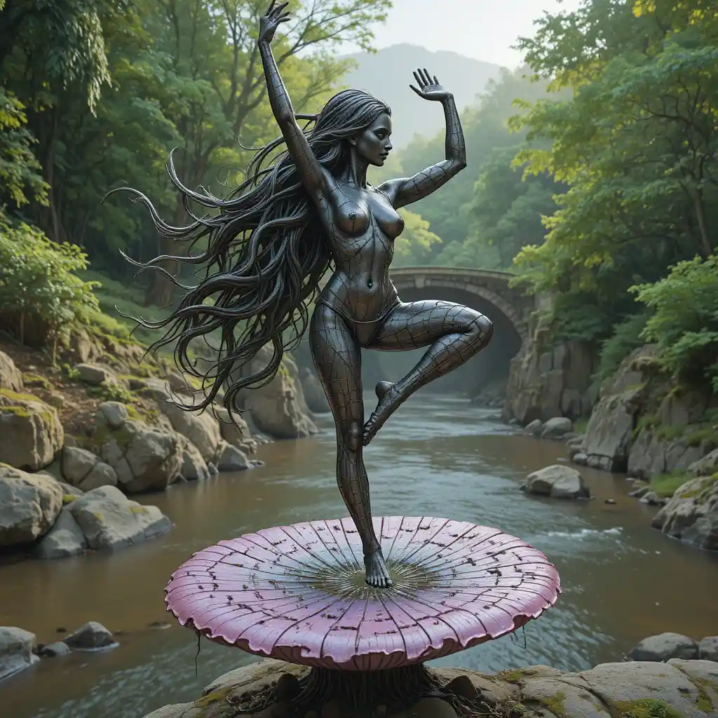 Iron statue girl in yoga pose on psychedelic mushroom