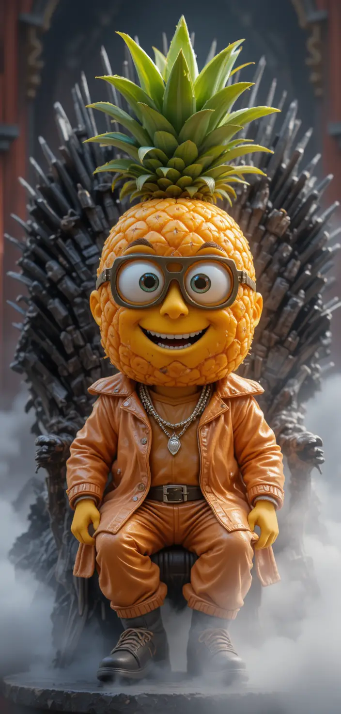 Pineapple rapper character sitting on a grand iron throne