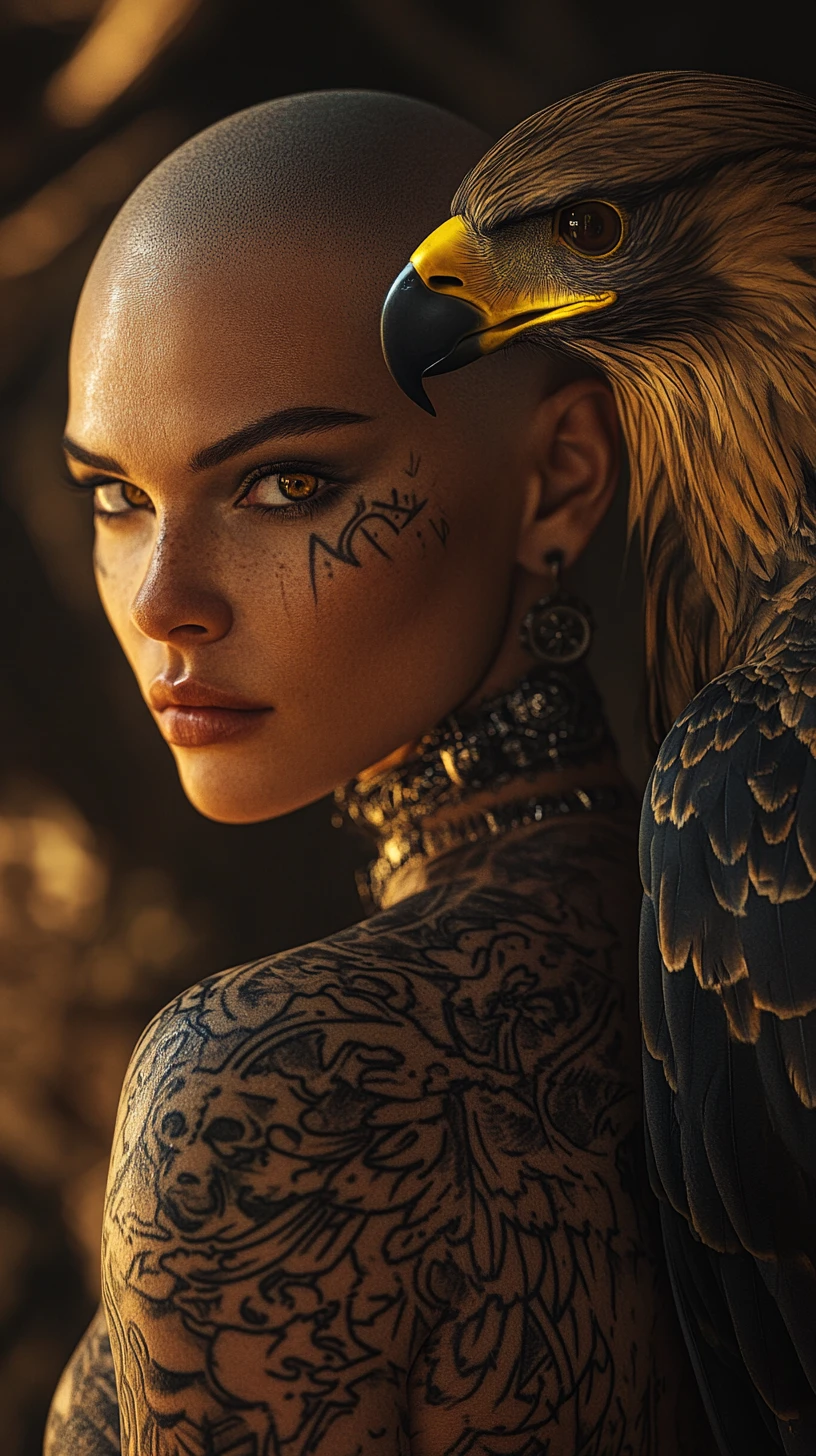 Tattooed bald woman with golden eagle in cinematic portrait