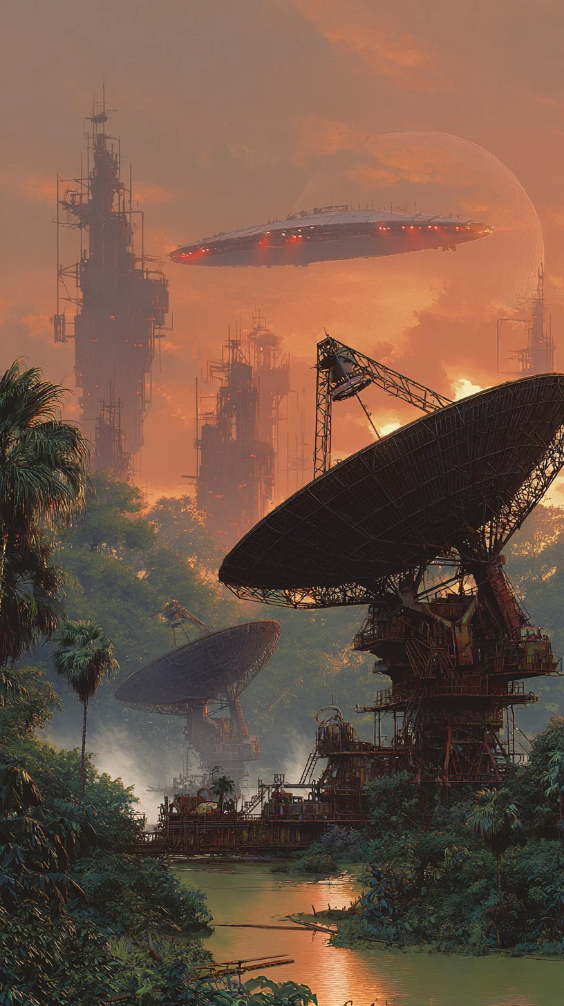 Futuristic spacecraft above overgrown sci fi satellite ruins