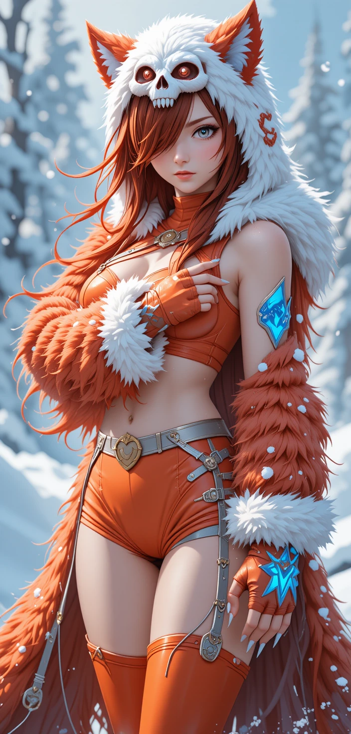 Anime warrior woman with crimson hair in snowy landscape