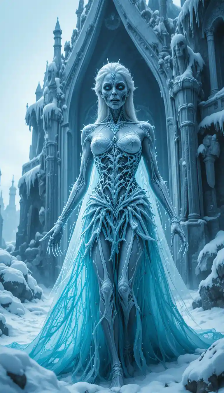 Undead ice queen wandering through her frozen palace