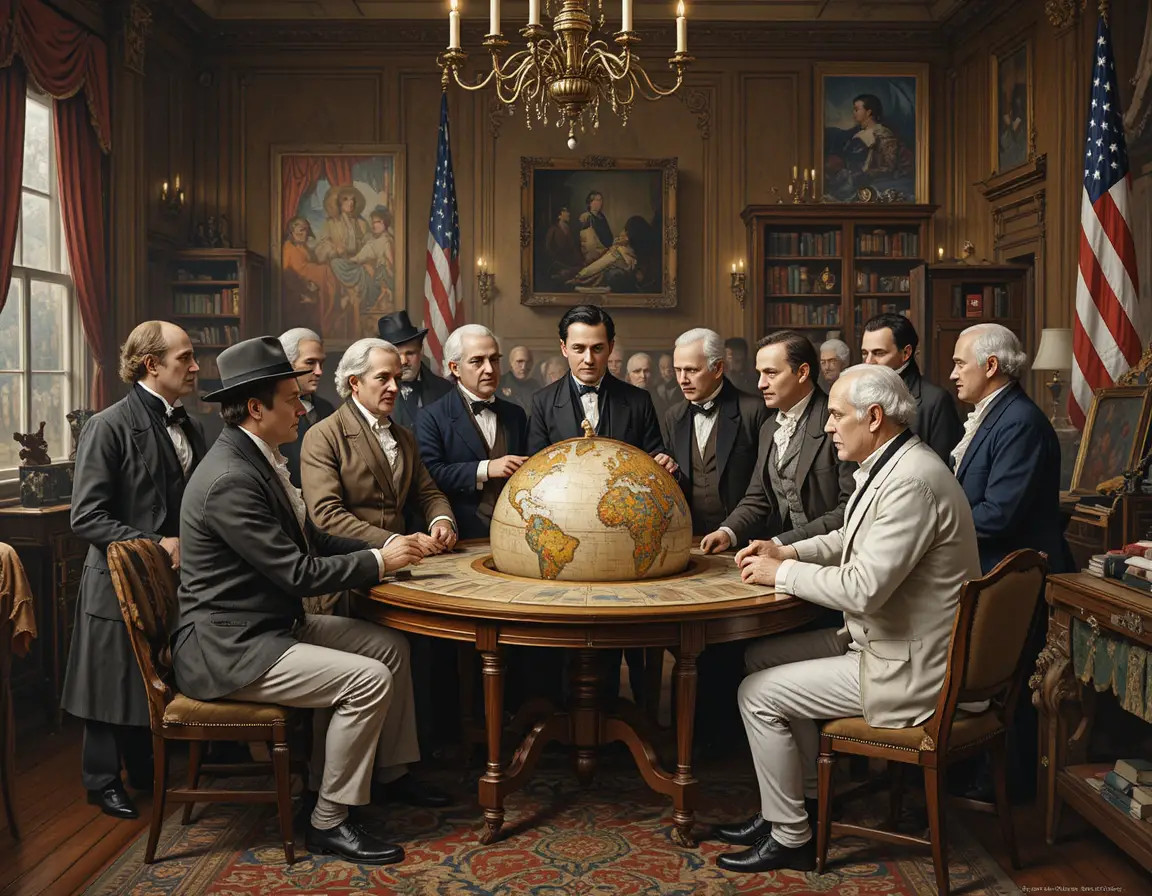 Victorian era statesmen gathered around a globe in discussion
