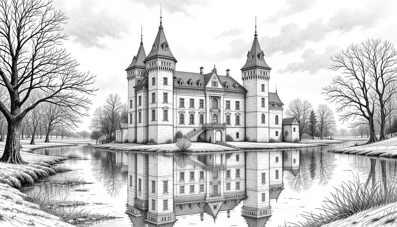 Medieval brick castle reflected in a calm lakeside scene